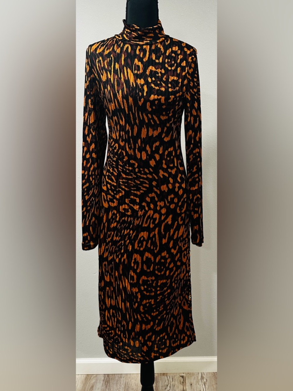 DKNY Long-Sleeve Leopard-Print Turtleneck Midi Dress - Black & Brown